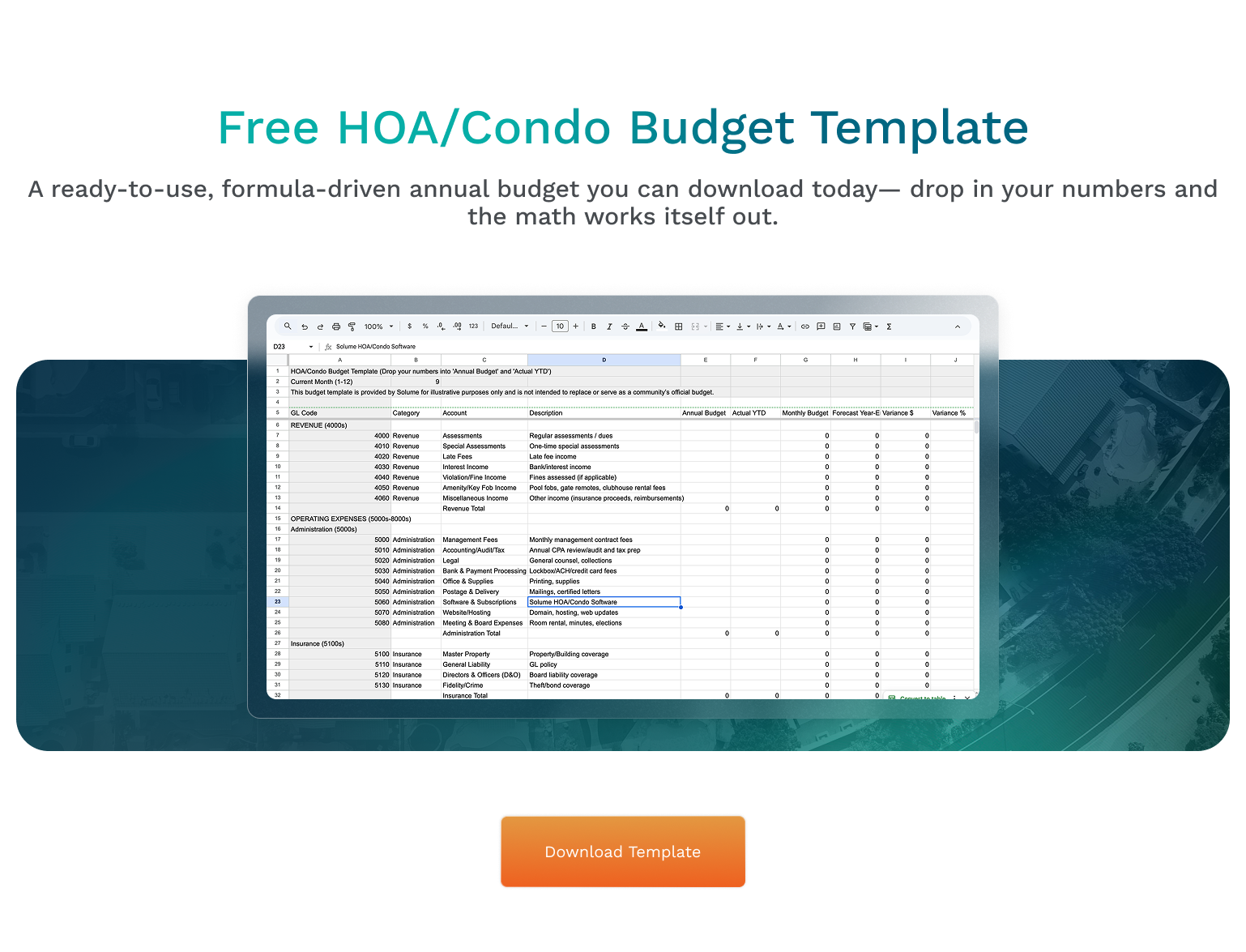A graphic with a CSV file of a Free HOA Budget Template and a button that reads, "Download Template"