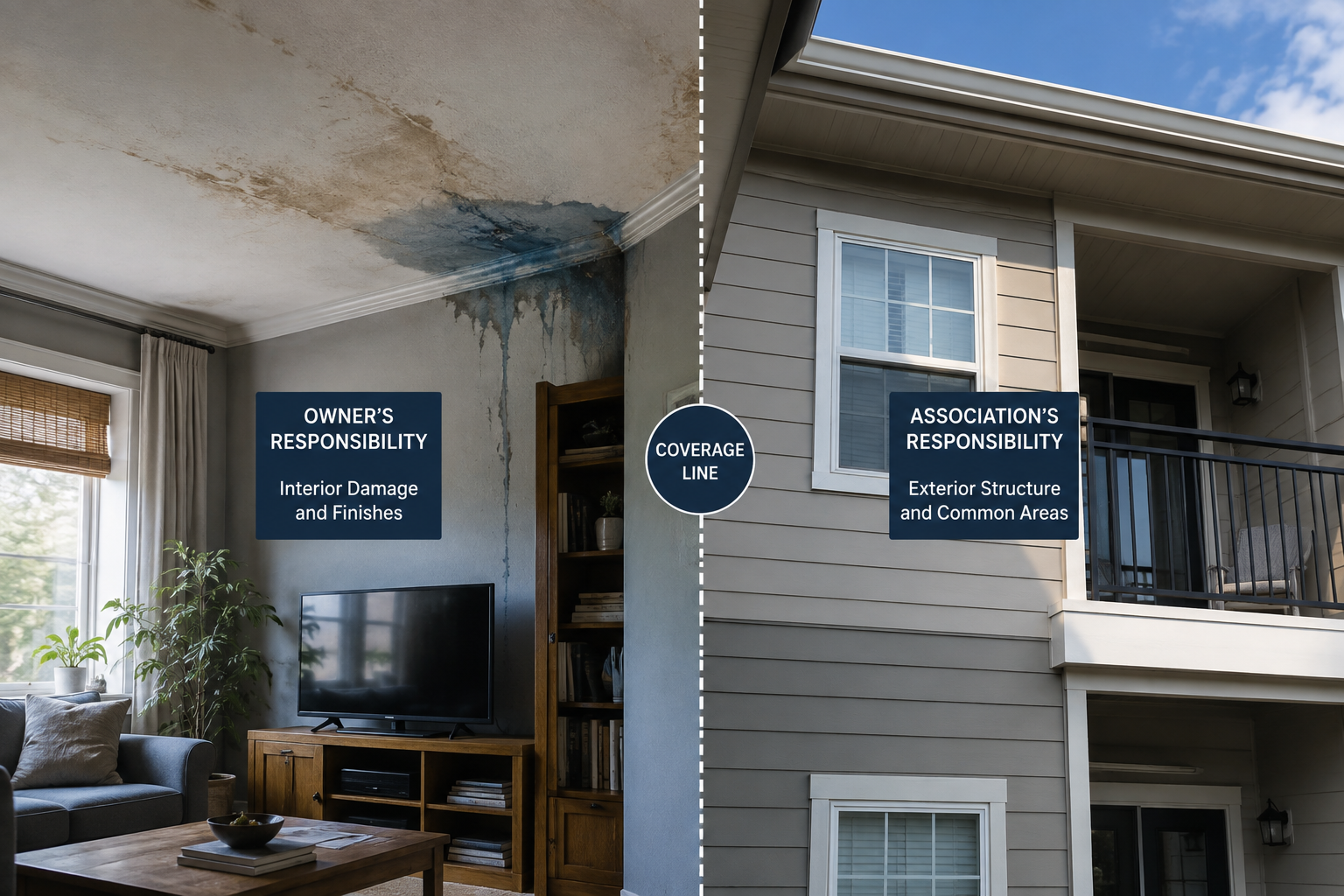 Split view of a condo interior with a water-damaged ceiling and furniture alongside an undamaged exterior building wall, illustrating the coverage boundary between owner and association responsibilities.