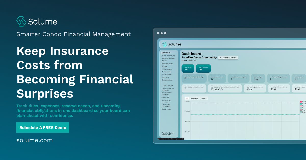 Solume condo financial management dashboard showing dues, expenses, reserve needs, and financial data with a CTA about planning for insurance costs.