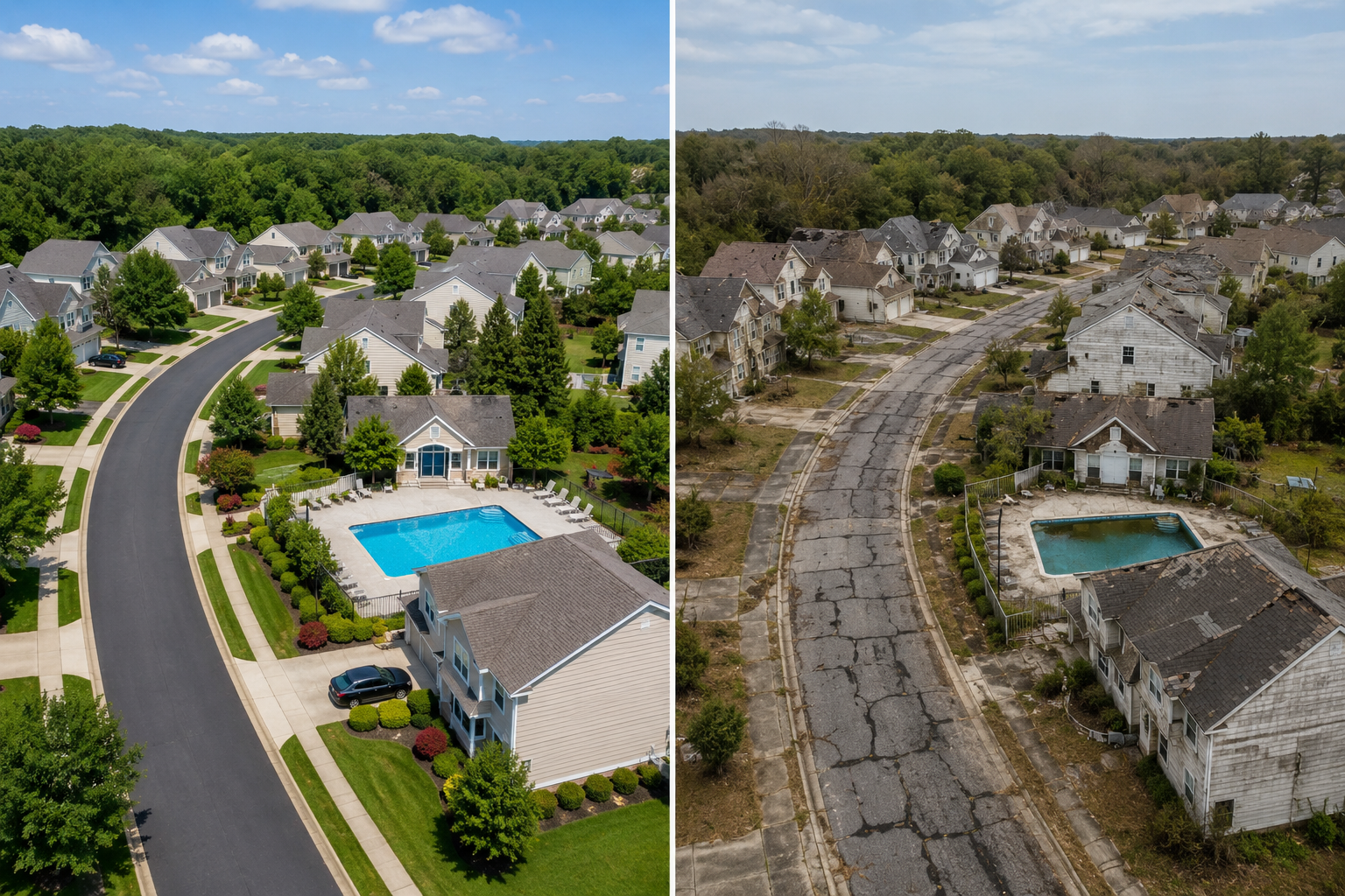 Aerial split-screen of two North Carolina communities showing a well-maintained HOA neighborhood beside one with visible property and road deterioration.