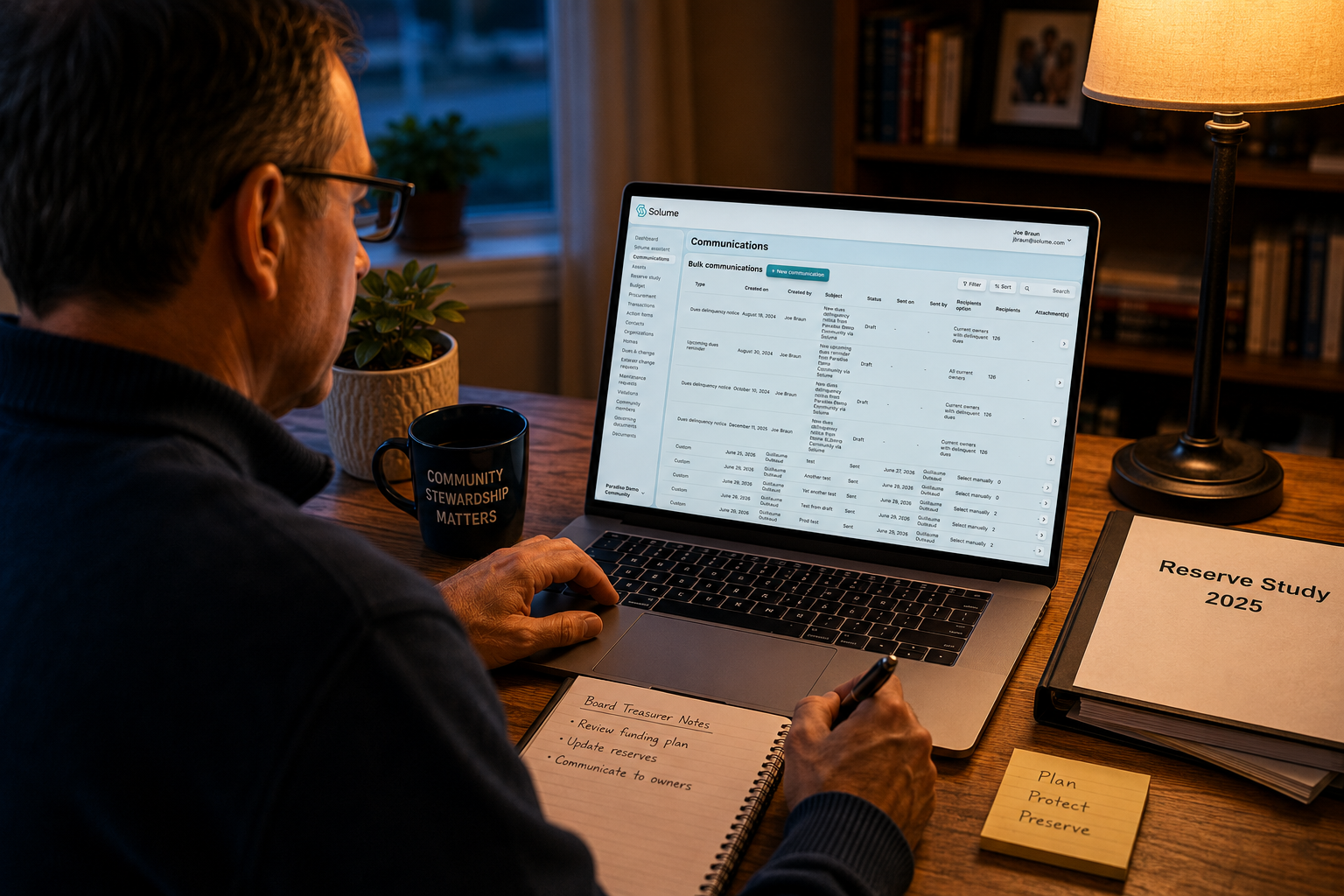 HOA board treasurer reviewing Solume’s communications dashboard on a laptop in a warm home office.