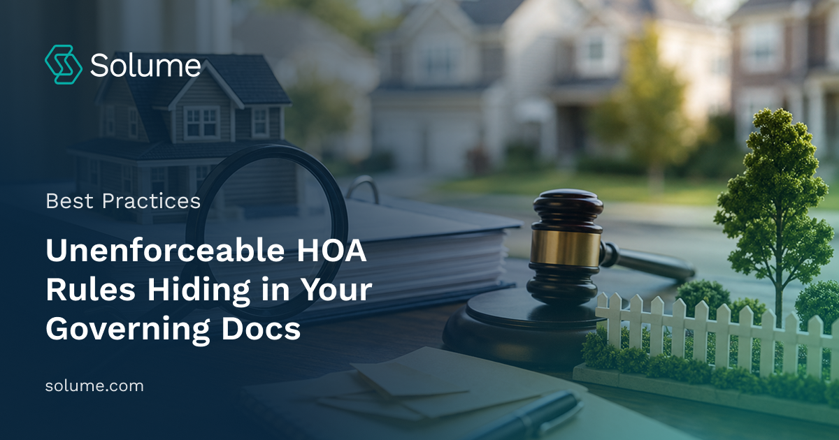HOA governing documents in a binder with a magnifying glass, gavel, model home, and miniature fence representing a review of potentially unenforceable HOA rules.