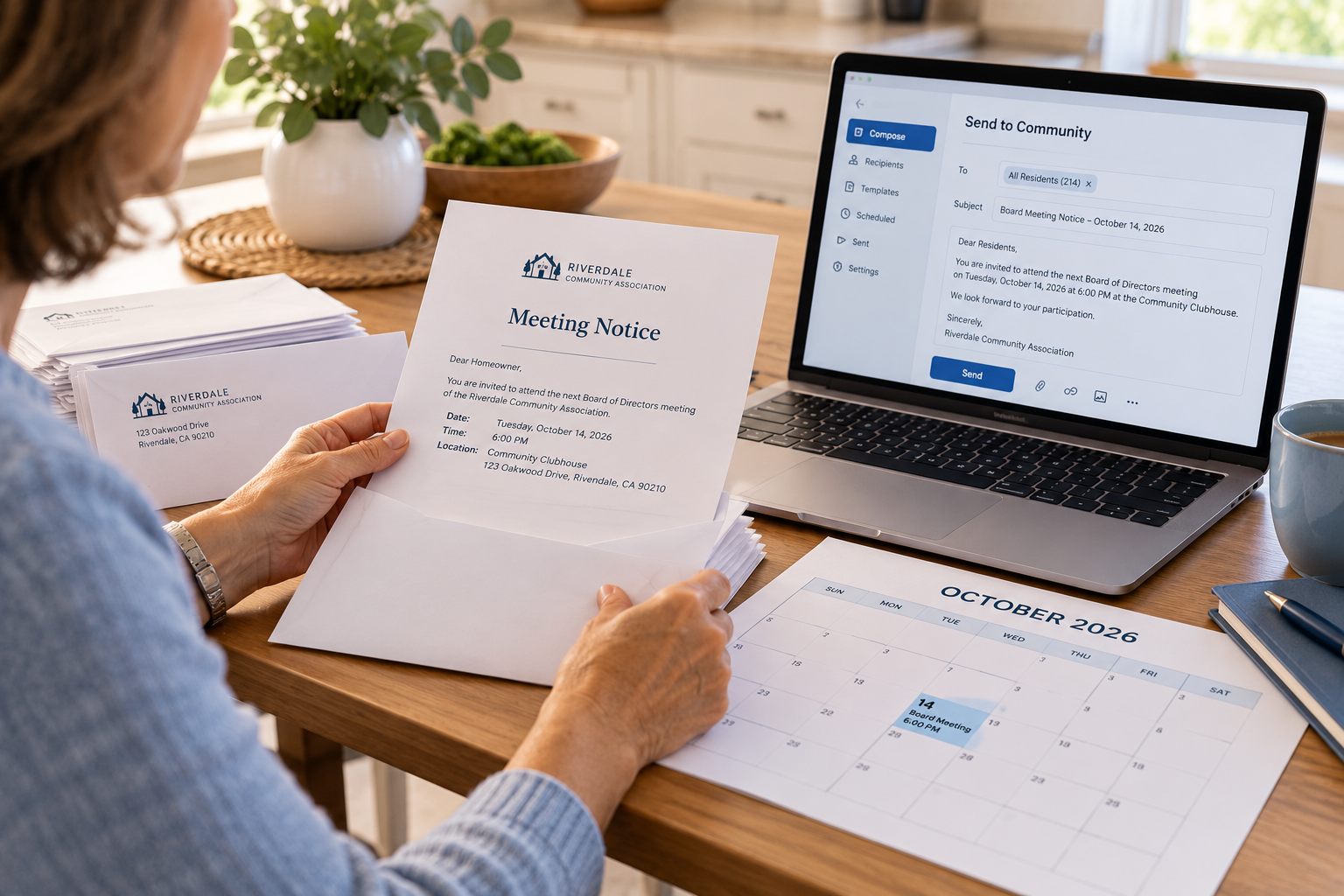 Volunteer preparing HOA meeting notices with envelopes and a community calendar while using a laptop to distribute an email announcement.