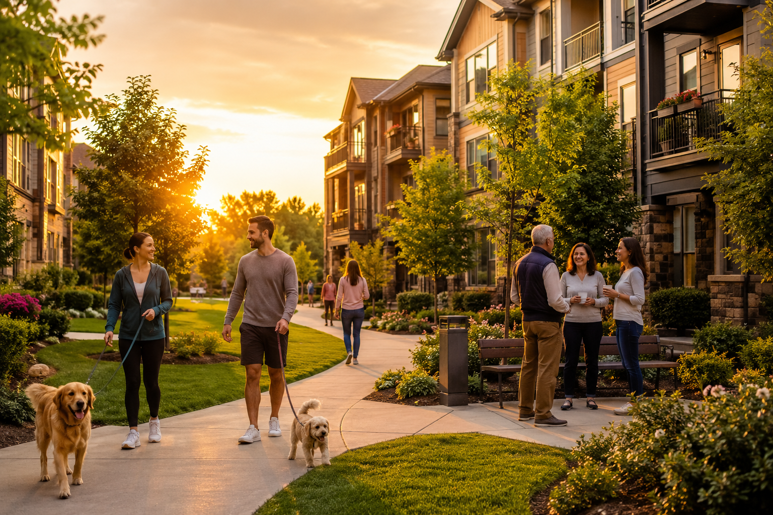 Residents walk their dogs and chat along landscaped pathways in a well-maintained suburban condo community during golden hour, highlighting a friendly, stable, and inviting neighborhood.