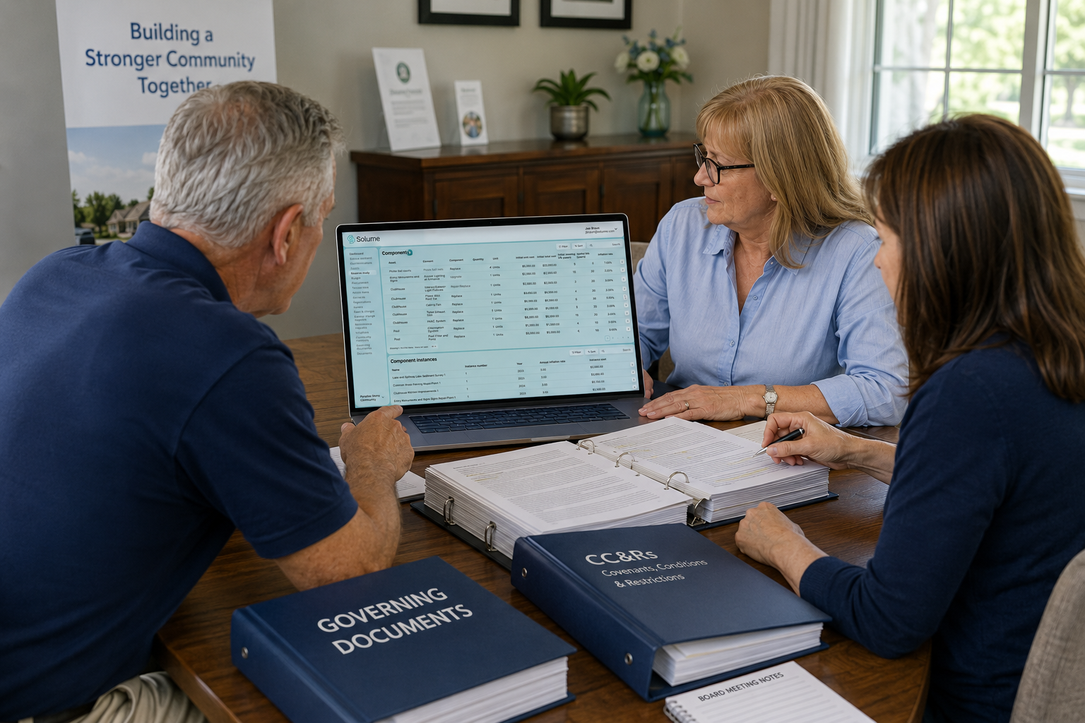 Three HOA board members reviewing governing documents and meeting notes around a conference table, with a laptop displaying the Solume reserve study components dashboard.