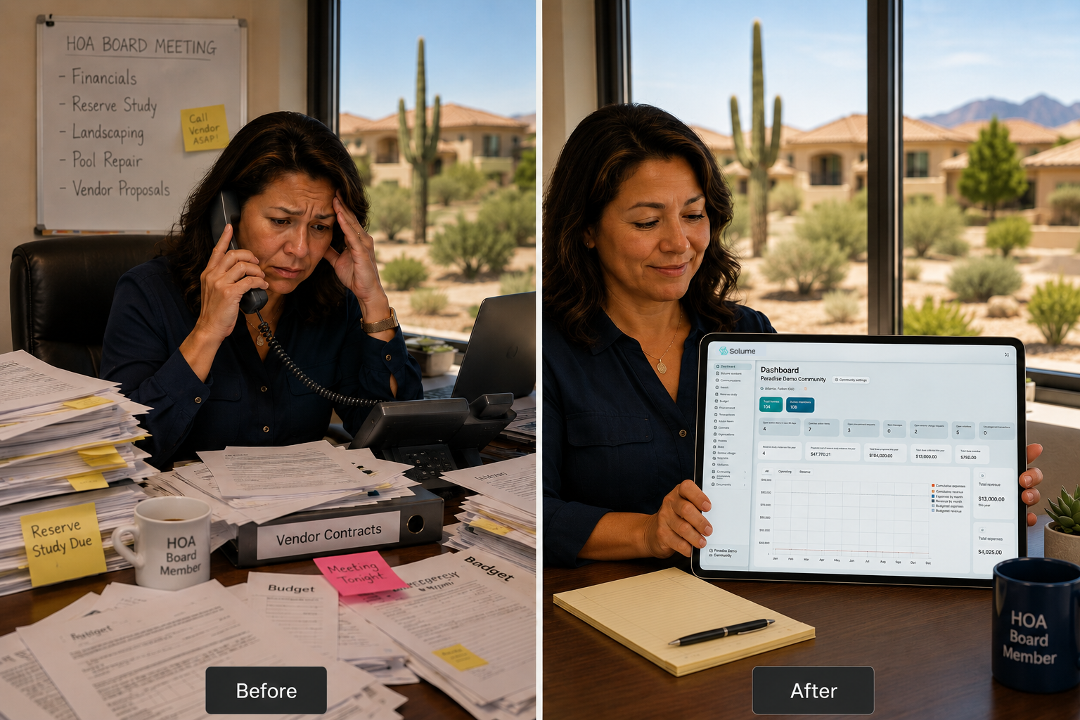 Split-screen image showing an overwhelmed HOA board member handling paperwork and phone calls on one side, contrasted with the same person calmly using a tablet-based HOA dashboard on the other, with an Arizona desert community visible through large windows.