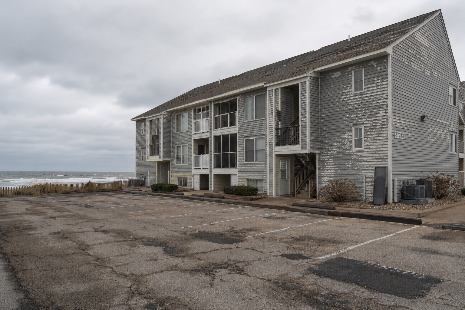 Weathered coastal condominium building in Delaware with faded siding, visible salt corrosion on exterior surfaces, aging roof, and a cracked parking lot in the foreground. The Atlantic Ocean is visible behind the property under a gray, overcast sky.