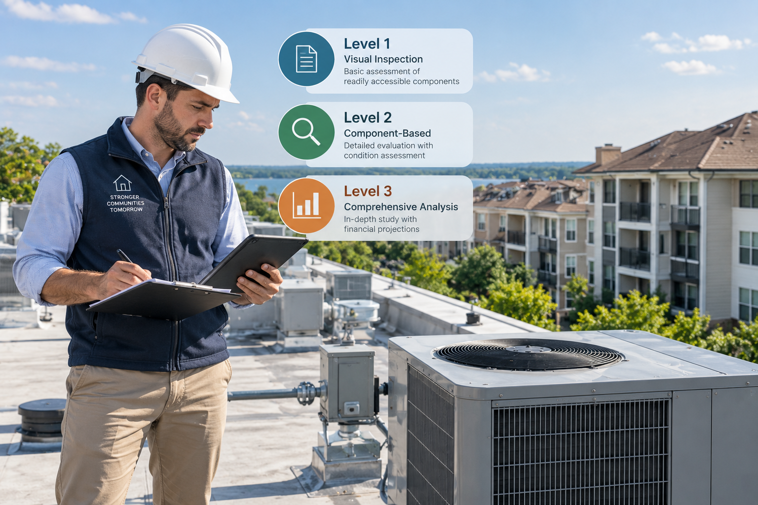 Reserve analyst inspecting rooftop HVAC equipment at a condominium community, with visual inspection, component-based, and comprehensive analysis levels shown in digital callouts.