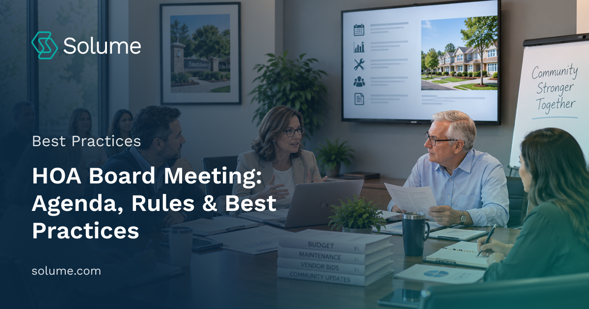 HOA board members and residents gathered around a conference table discussing budgets, maintenance, vendor bids, and community updates during a board meeting.