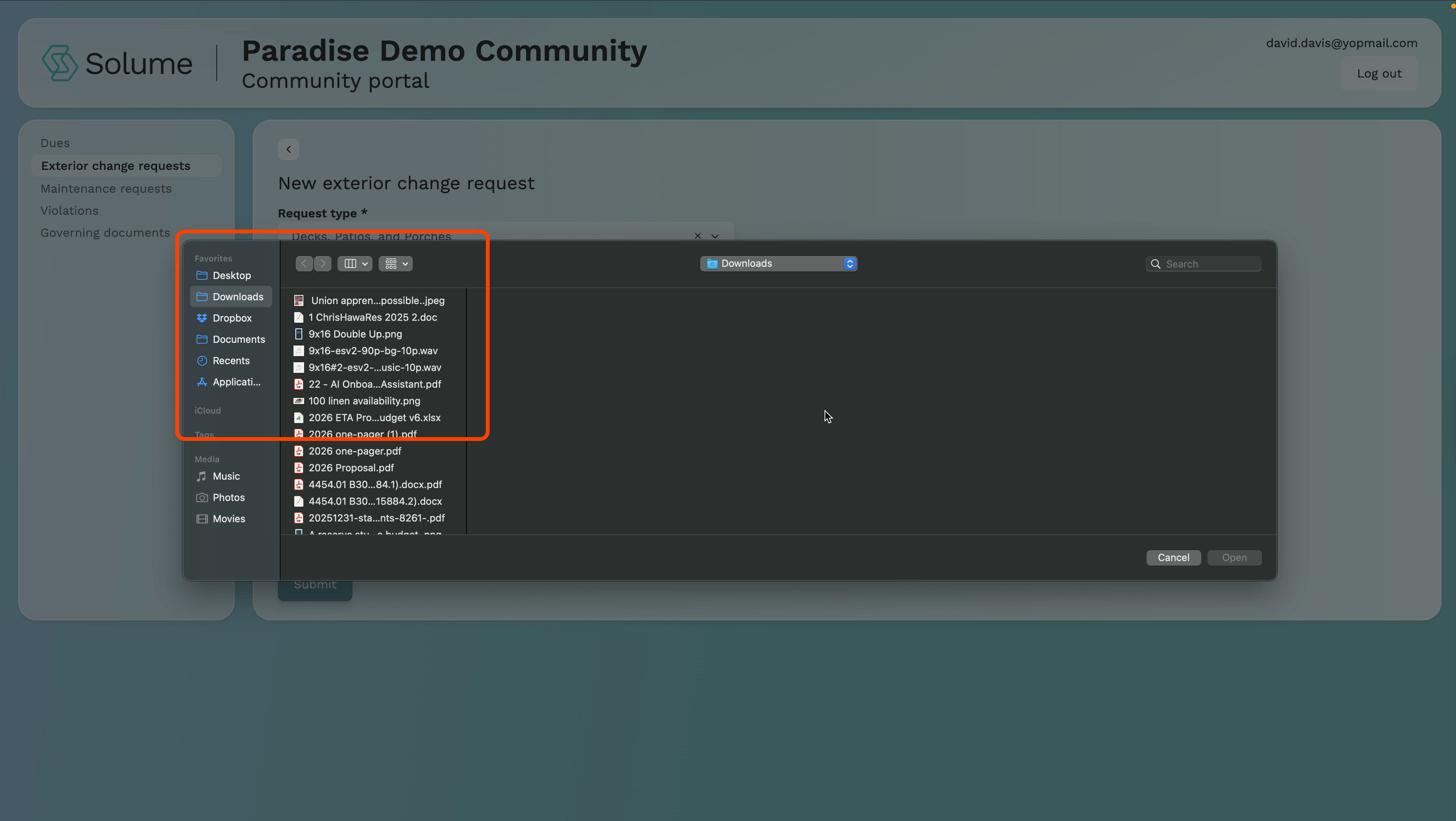 A screenshot highlighting upload document window that appears on the home owner portal of Solume.