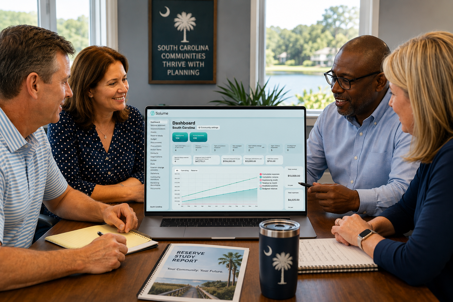 South Carolina HOA board members gathered around a conference table reviewing a digital reserve study dashboard on a laptop. The screen displays community financial metrics, reserve fund data, charts, and component tracking information, representing proactive financial planning and asset management.