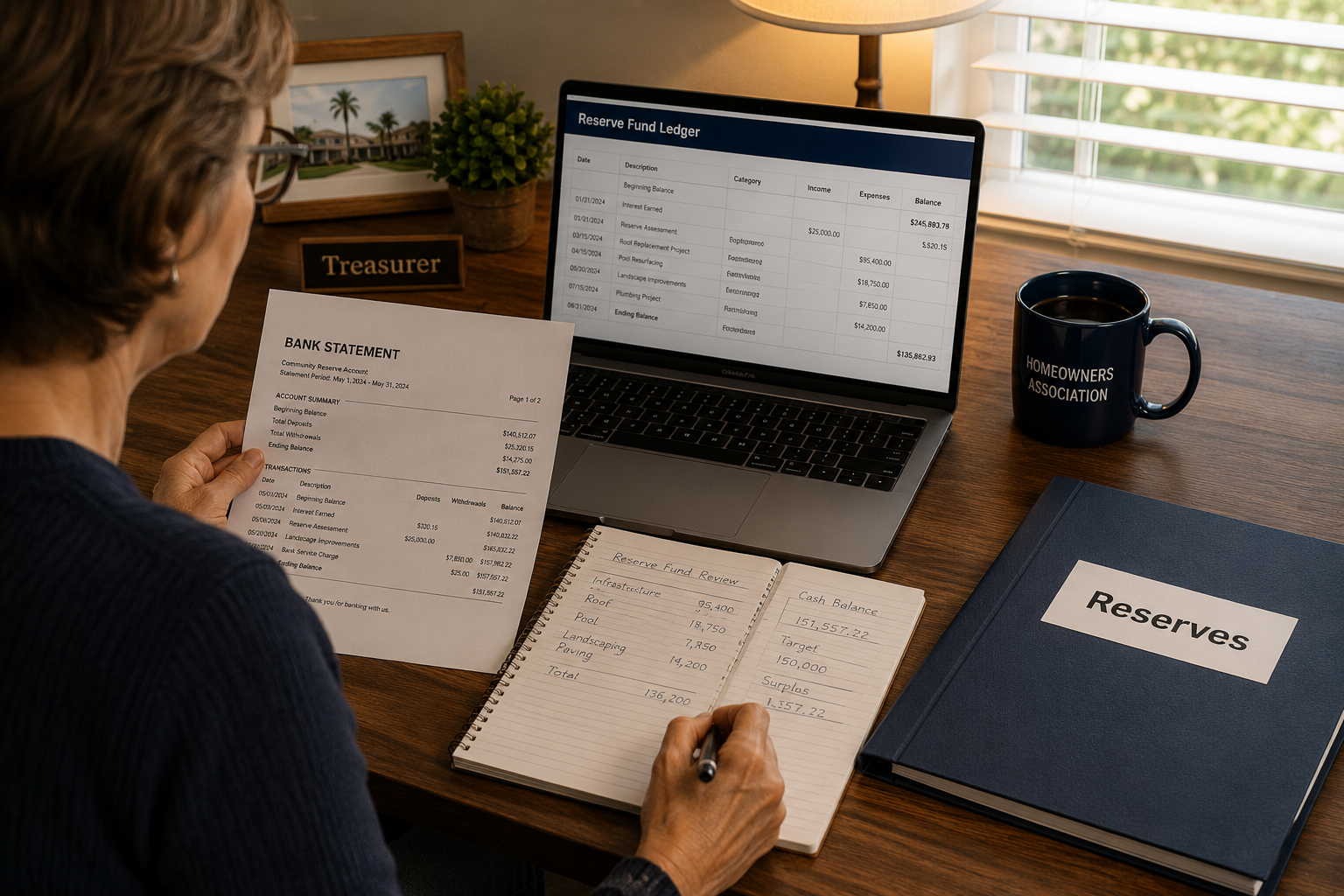 Over-the-shoulder view of an HOA treasurer reviewing reserve fund ledgers and bank statements at a home office desk, with an open laptop, handwritten notes, and a clearly labeled "Reserves" folder organized beside the workspace.