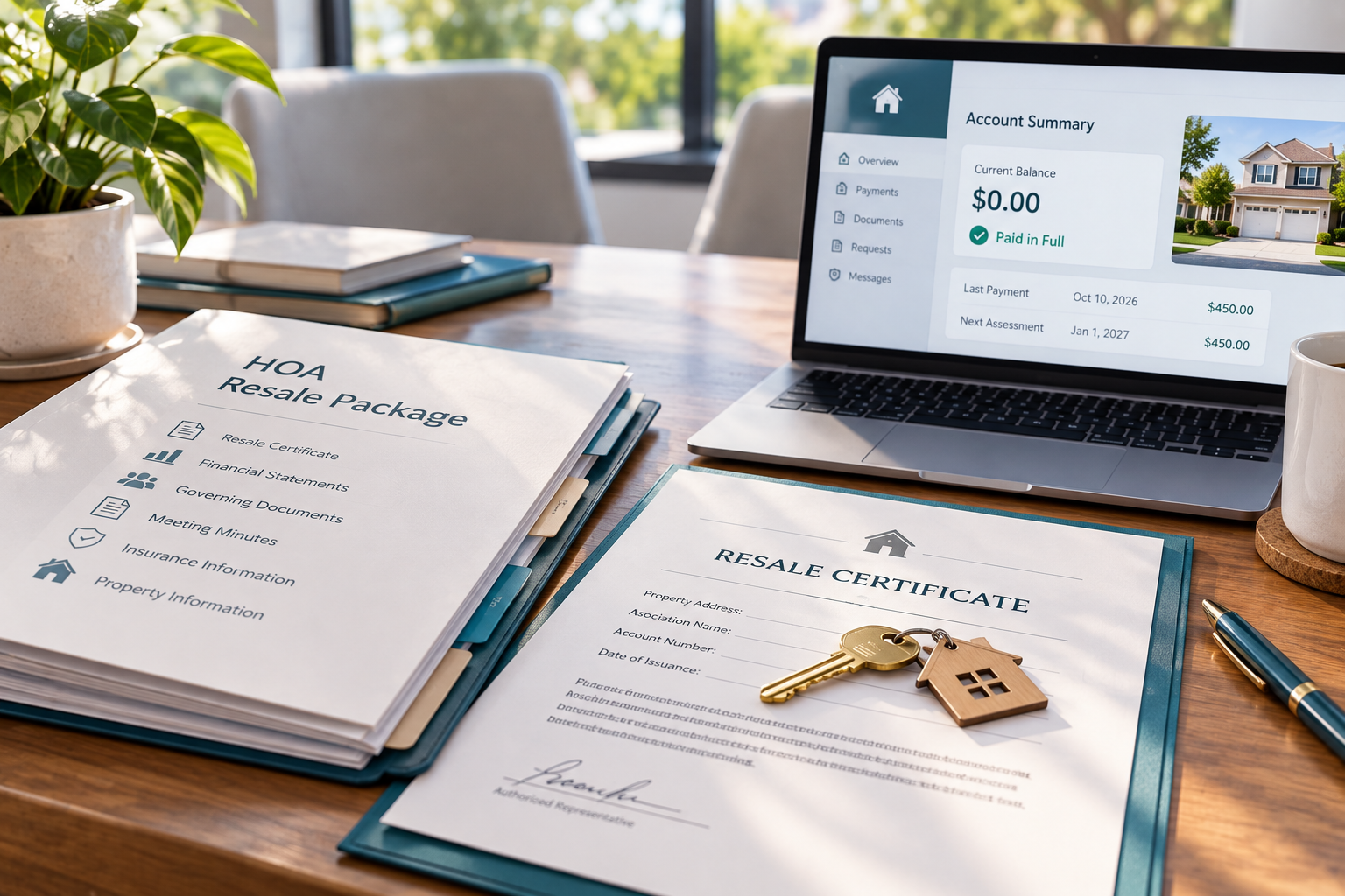 HOA resale package documents and resale certificate arranged on a conference table with house keys and a laptop displaying an account balance.