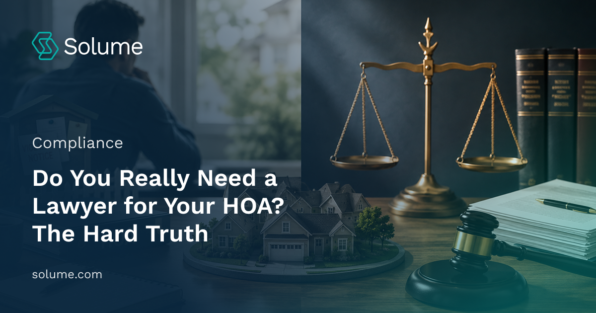 Conceptual HOA legal scene with a suburban community model, HOA binder, violation notice, scales of justice, and gavel representing the decision to seek legal counsel.