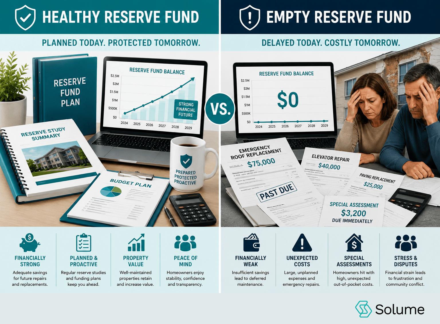 Split-screen infographic comparing a healthy reserve fund and an empty reserve fund for condominium associations. The left side shows organized financial planning documents, a growing reserve balance chart, and positive outcomes such as financial stability and property value protection. The right side depicts emergency repair bills, stressed homeowners, a depleted reserve balance, and the financial risks of inadequate reserve funding. A large blank white space is provided at the bottom for additional content or branding.