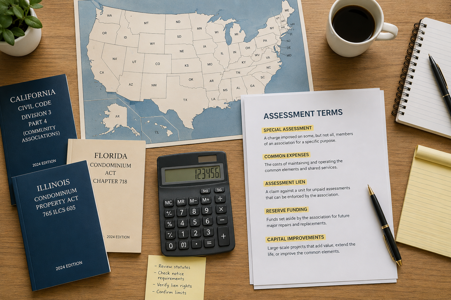 Overhead view of a wooden desk with a U.S. map, state statute booklets, calculator, and a highlighted document outlining condominium assessment terms.