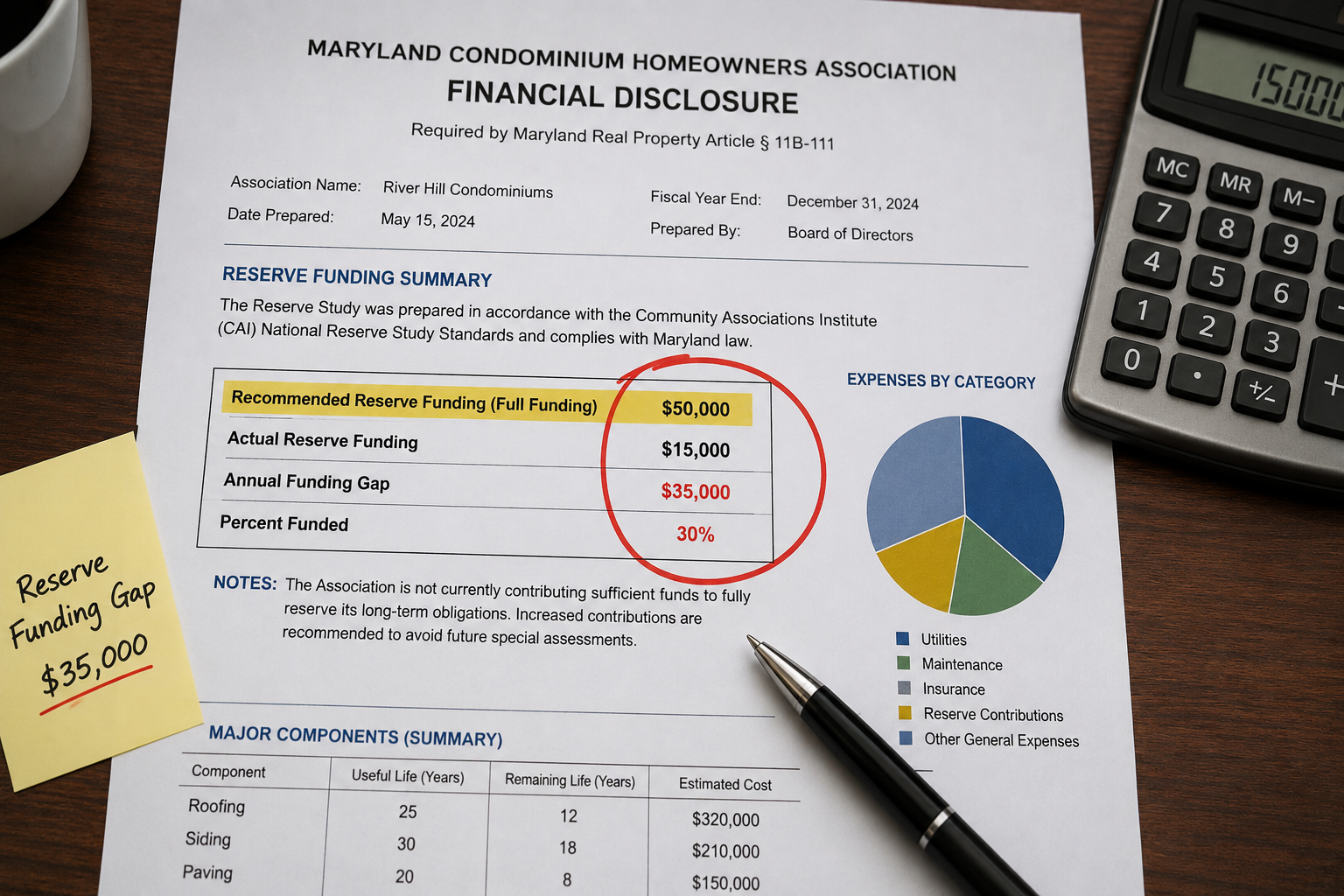 Close-up of a Maryland HOA financial disclosure document on a desk showing a highlighted comparison between recommended reserve funding of $50,000 and actual reserve funding of $15,000, with the funding shortfall circled in red. A calculator, pen, and financial paperwork are visible beside the document under professional office lighting.