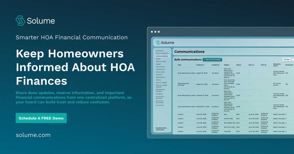 Solume communications dashboard showing HOA dues notices, reminders, and community messages organized by status and recipients.