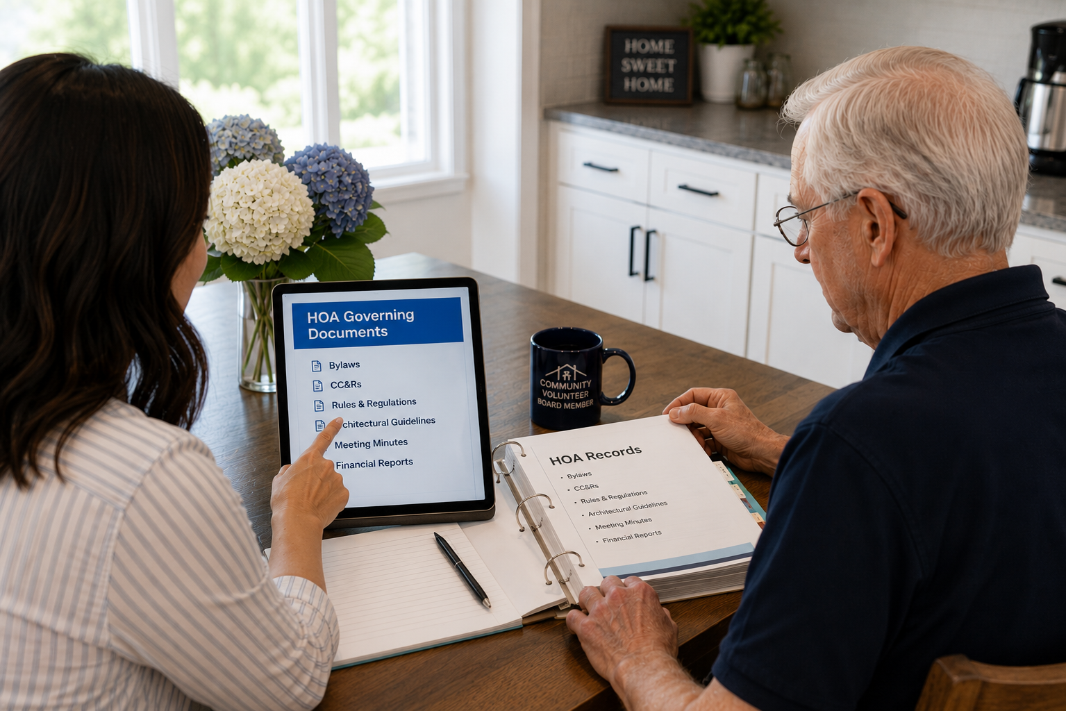 A homeowner and a volunteer HOA board member review community documents together on a tablet and printed binder at a clean kitchen table, illuminated by warm natural light from a nearby window.