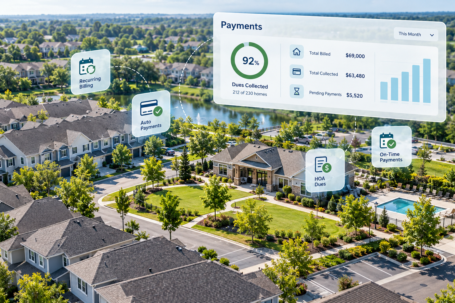 Aerial view of a residential community with townhomes, landscaped green spaces, and a clubhouse, featuring a digital payment dashboard for HOA dues, recurring billing, and payment tracking.