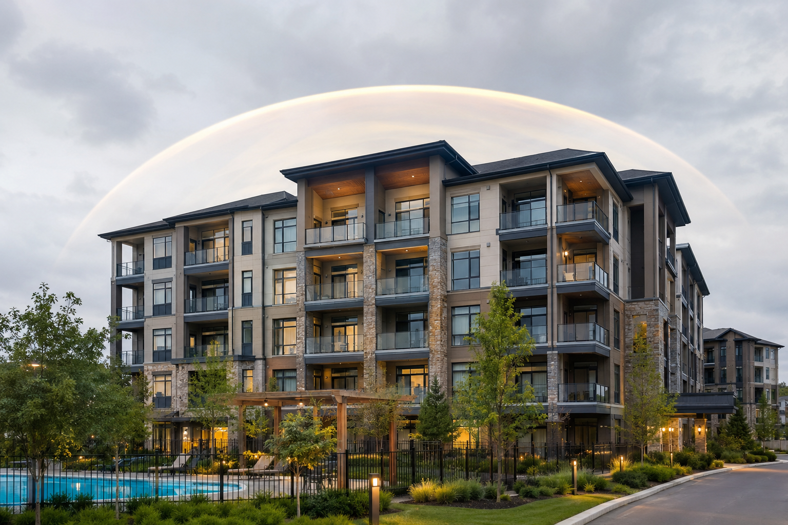 Modern mid-rise condominium building with landscaped common areas and a swimming pool, protected by a subtle glowing umbrella-like arc overhead.