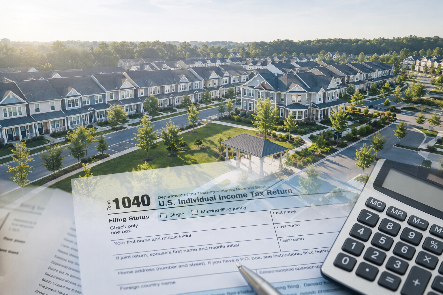 Aerial view of a planned suburban community with rows of townhomes, landscaped green spaces, and an overlaid tax form and calculator.