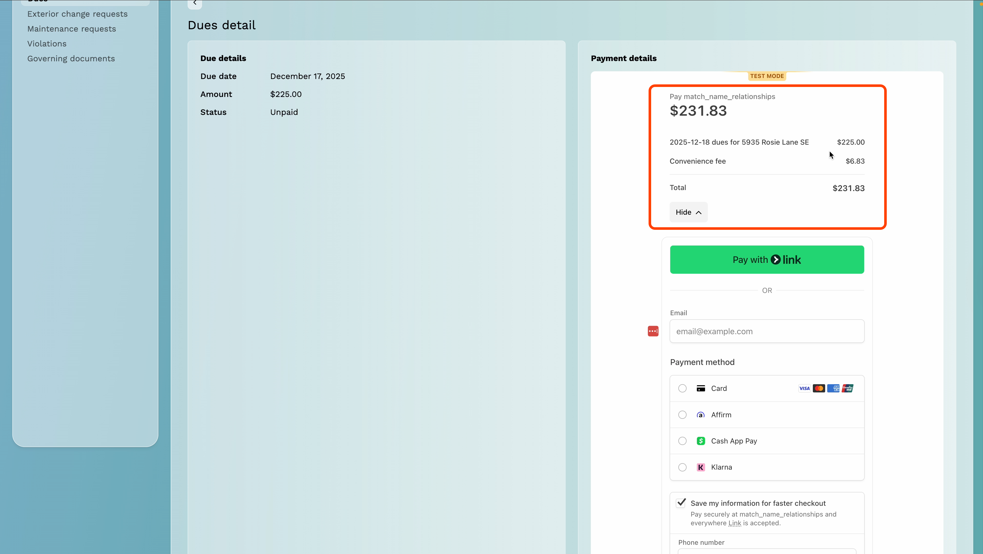 A screenshot of the charges and an option to pay with ACH or Debit/Credit Card within the owner portal of Solume.