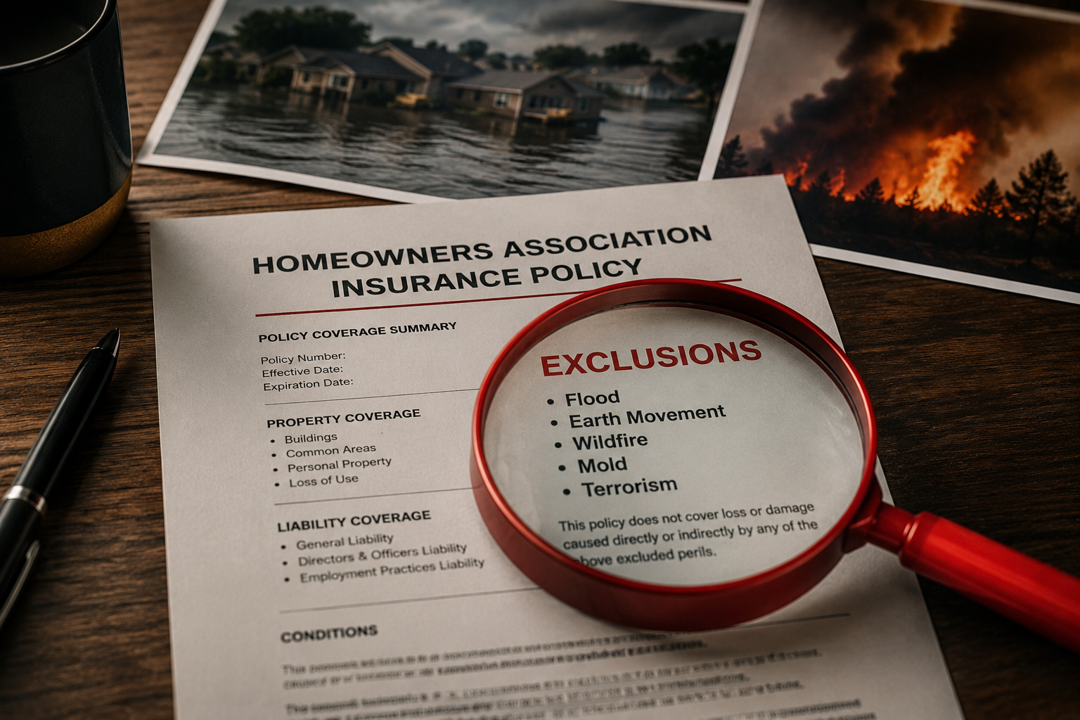Close-up of a homeowners association insurance policy on a wooden desk, with a red magnifying glass highlighting the “Exclusions” section and blurred flood and wildfire images in the background.