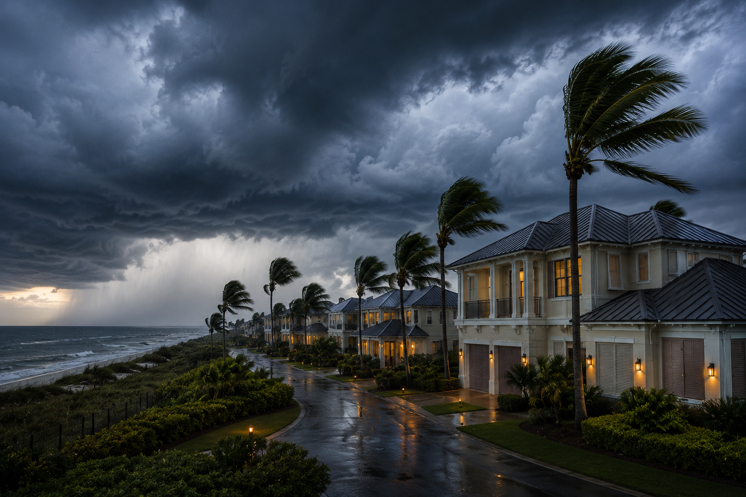 A Florida coastal residential community with reinforced homes faces an approaching hurricane, as dark storm clouds gather overhead and strong winds bend palm trees while warm lights glow from secured houses.