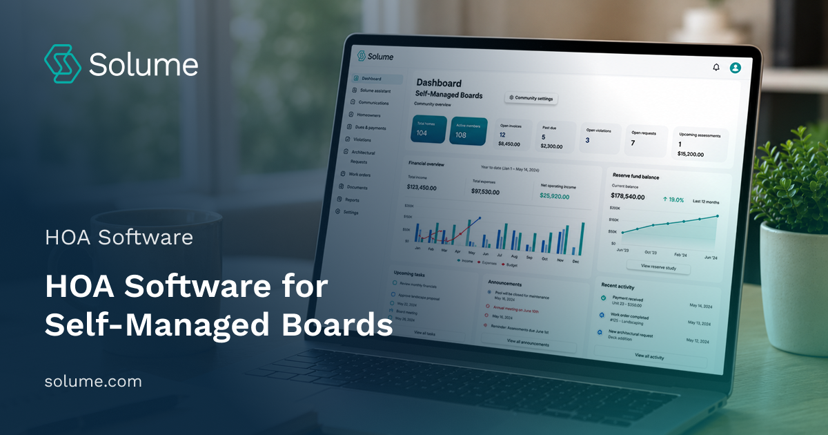 Modern laptop displaying an HOA management software dashboard for self-managed boards on a wooden desk beside a coffee mug, notebook, and plant in a bright home office setting.