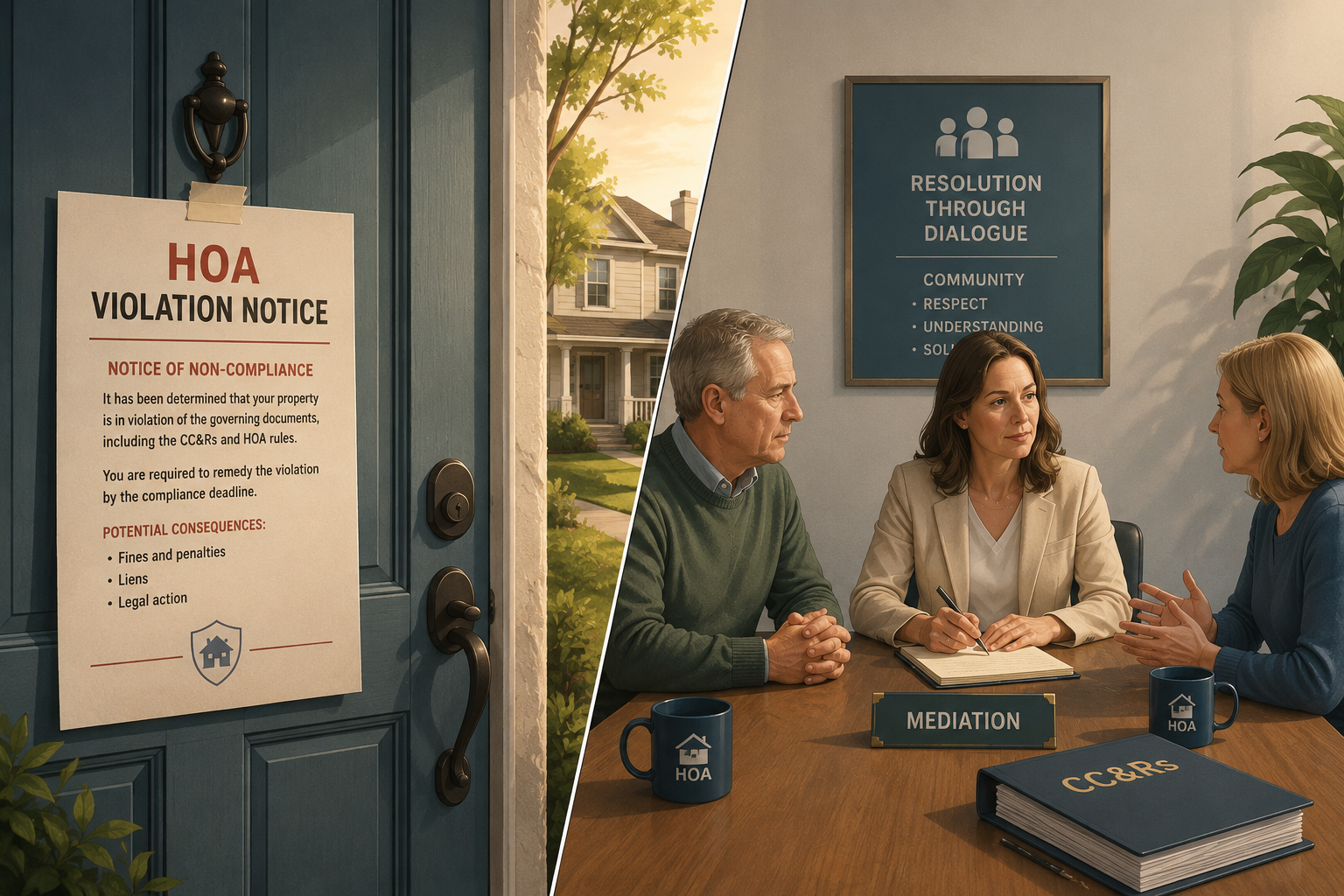 Split-scene illustration showing an HOA violation notice on a suburban front door and homeowners discussing a CC&R dispute at a mediation table.