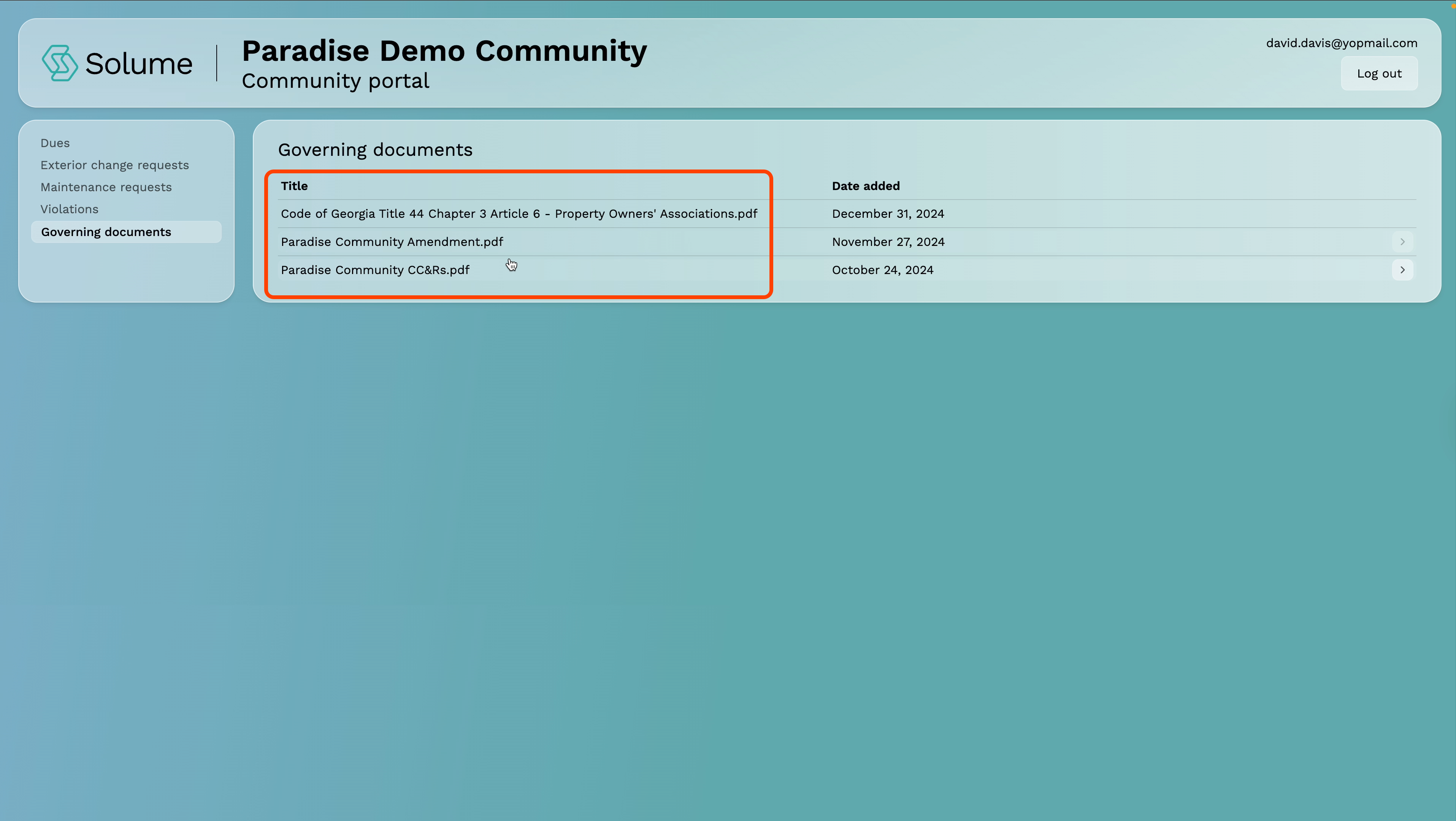 How to access your governing documents via the Solume home owner portal. 
