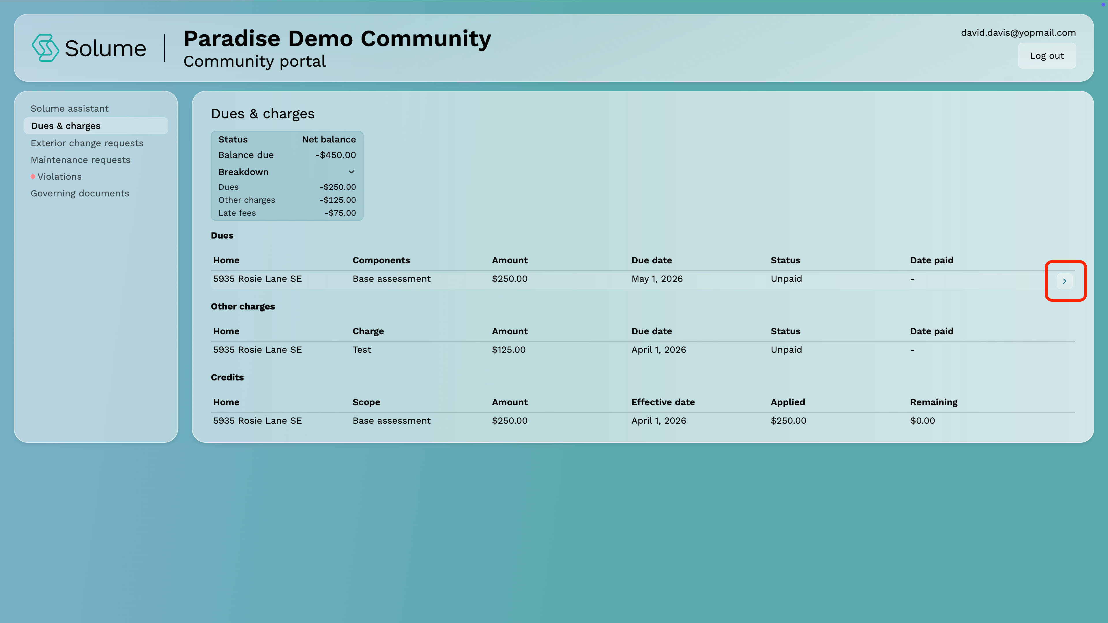 A screenshot of the detail view of dues within the owner portal of Solume.