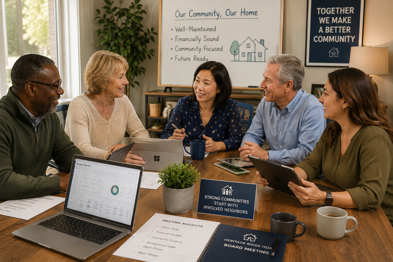 Diverse group of HOA board members sitting around a table with laptops, tablets, and meeting documents, collaborating in a warm and community-focused meeting space.