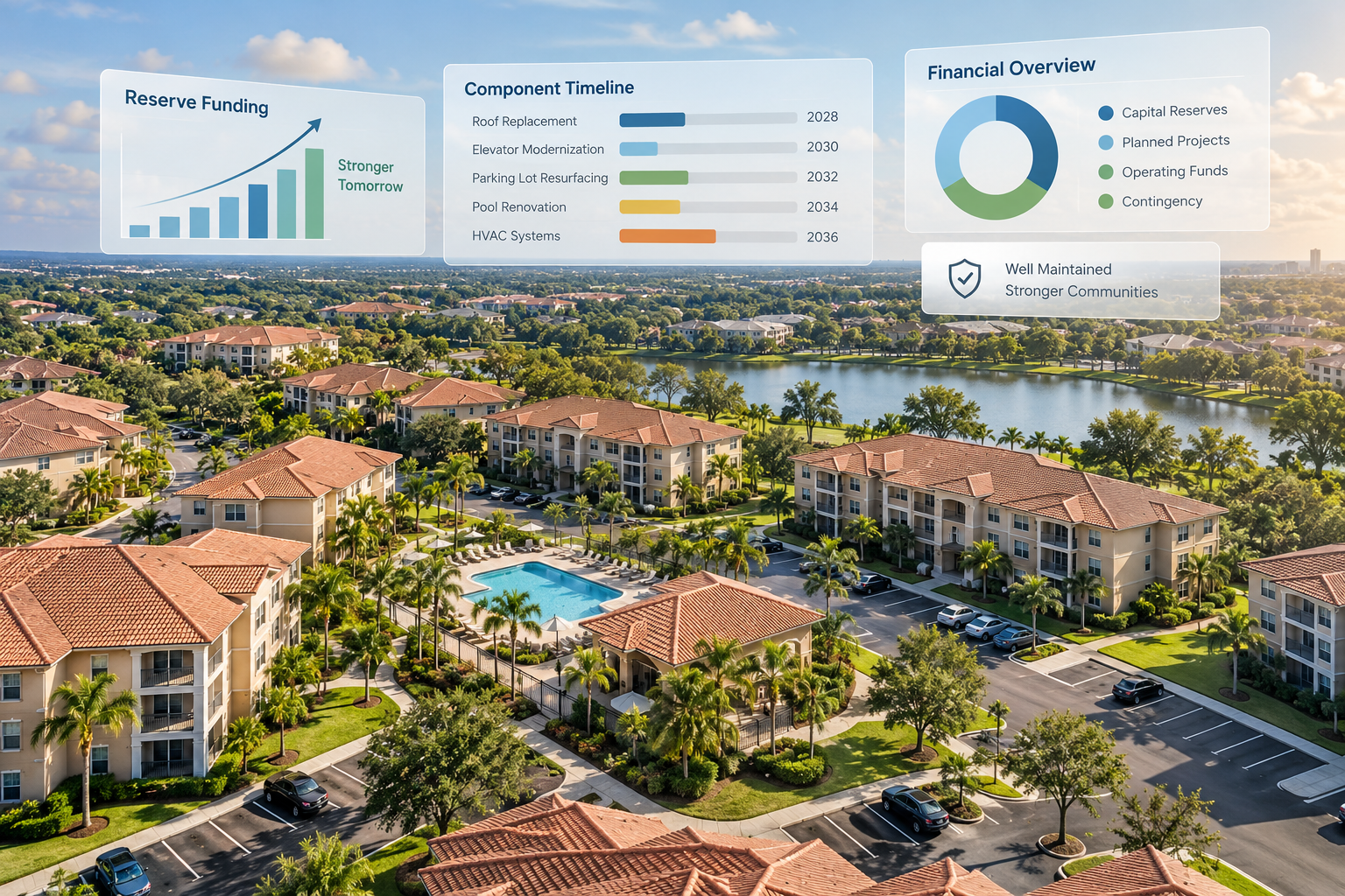 Aerial view of a well-maintained condominium community with tile-roofed buildings, pool, parking lots, green spaces, and digital overlays showing reserve funding and component timelines.