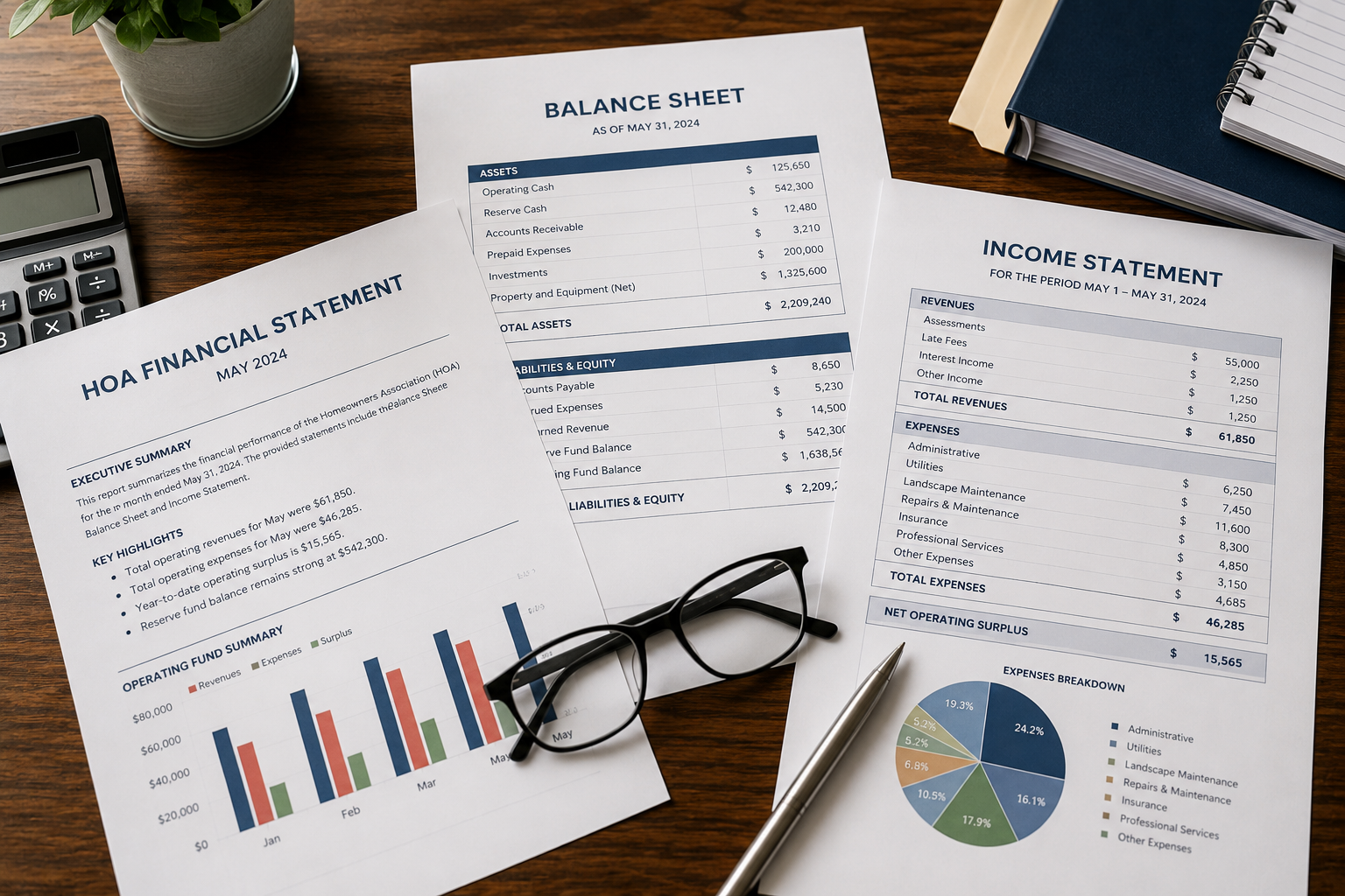 Top-down view of HOA financial statements, including a balance sheet and income statement, spread across a wooden conference table with a pen, reading glasses, and financial charts, creating a clean and professional financial review workspace.