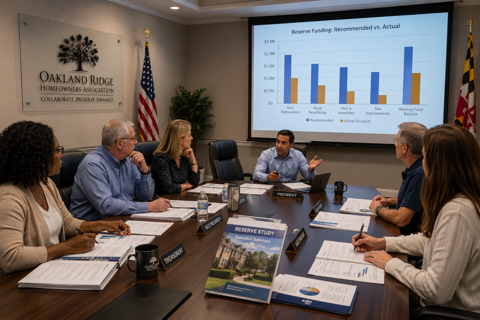 Diverse HOA board members seated around a conference table reviewing financial reports and reserve study documents while a presentation screen displays a bar chart comparing recommended and actual reserve funding levels during a professional board meeting.