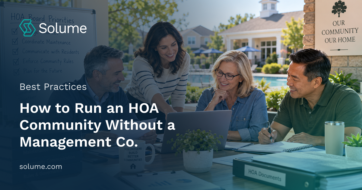 HOA board members meeting around a table to manage community finances, maintenance, resident communication, and governance without a management company.