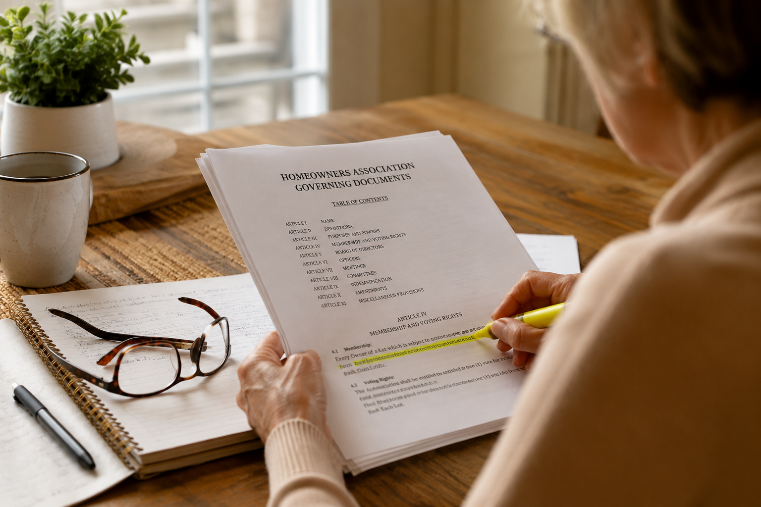 Homeowner reviewing a printed stack of HOA governing documents at a kitchen table, using a yellow highlighter with reading glasses and notes nearby in warm natural light.