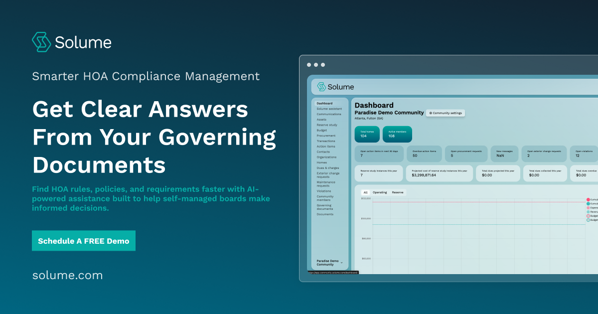 Solume AI assistant interface displaying HOA governing-document rules and community policy guidance with conversation history.
