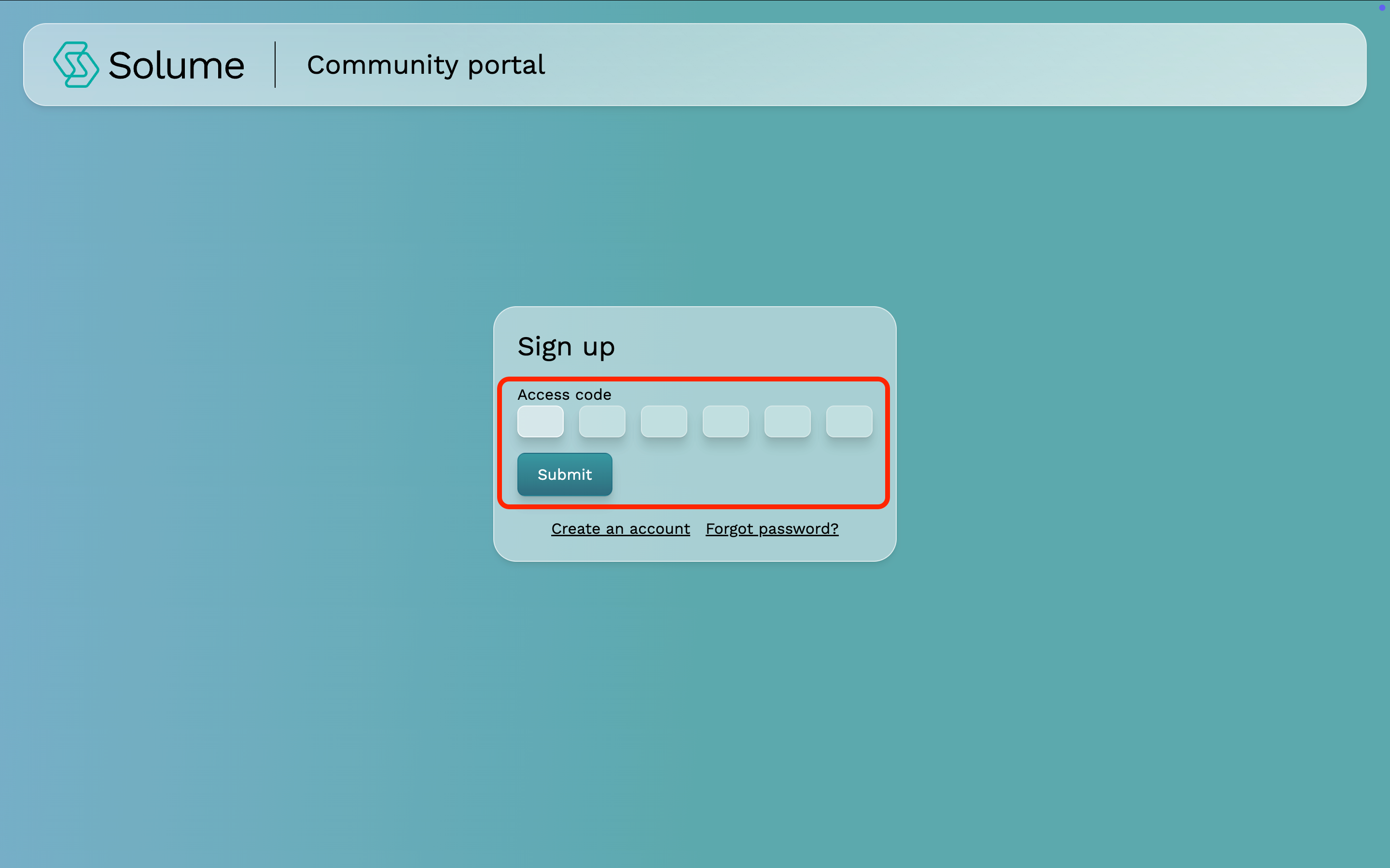 A screenshot with a red box highlighting where to input your six digit community access code