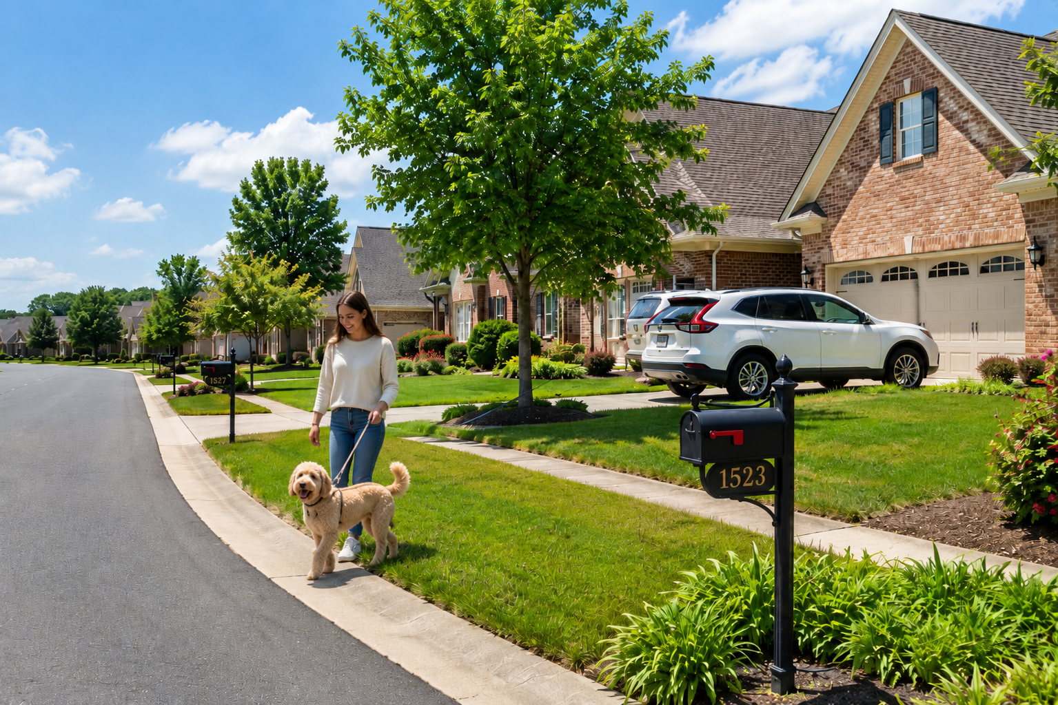 A tidy residential street in a planned HOA community with neatly trimmed lawns, a leashed dog on the grass, a car parked in a driveway, matching mailboxes, and brick homes under a bright blue midday sky.