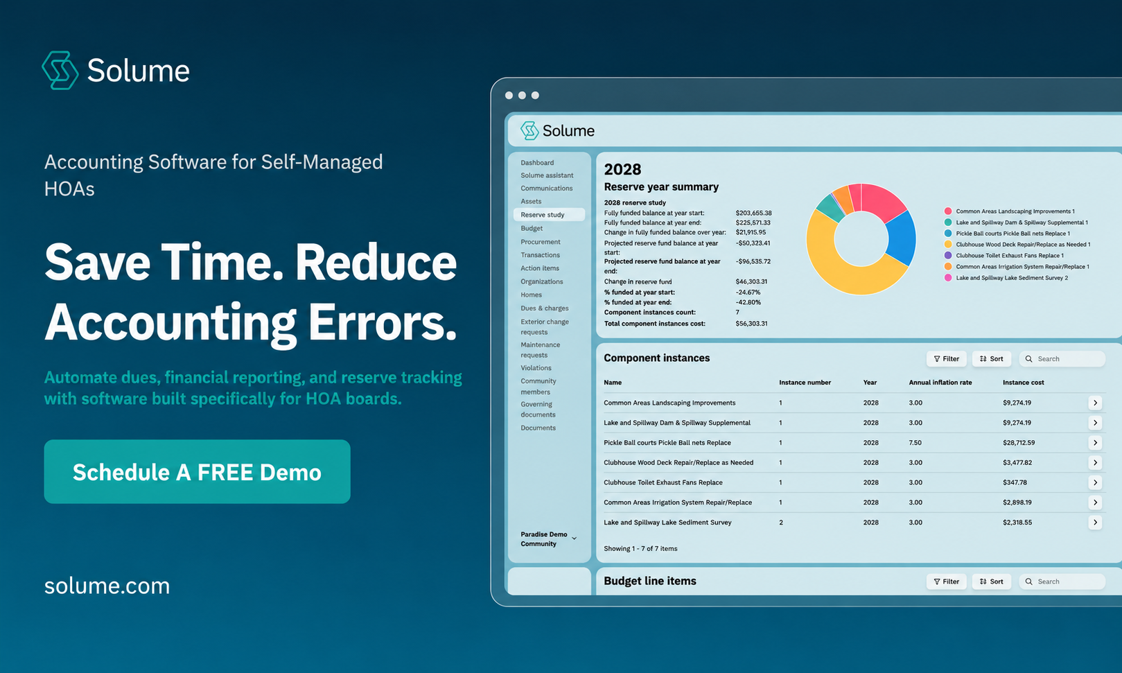 CTA banner for Solume showcasing accounting software for self-managed HOAs, featuring the headline "Save Time. Reduce Accounting Errors." alongside a reserve study dashboard displayed on a laptop screen.