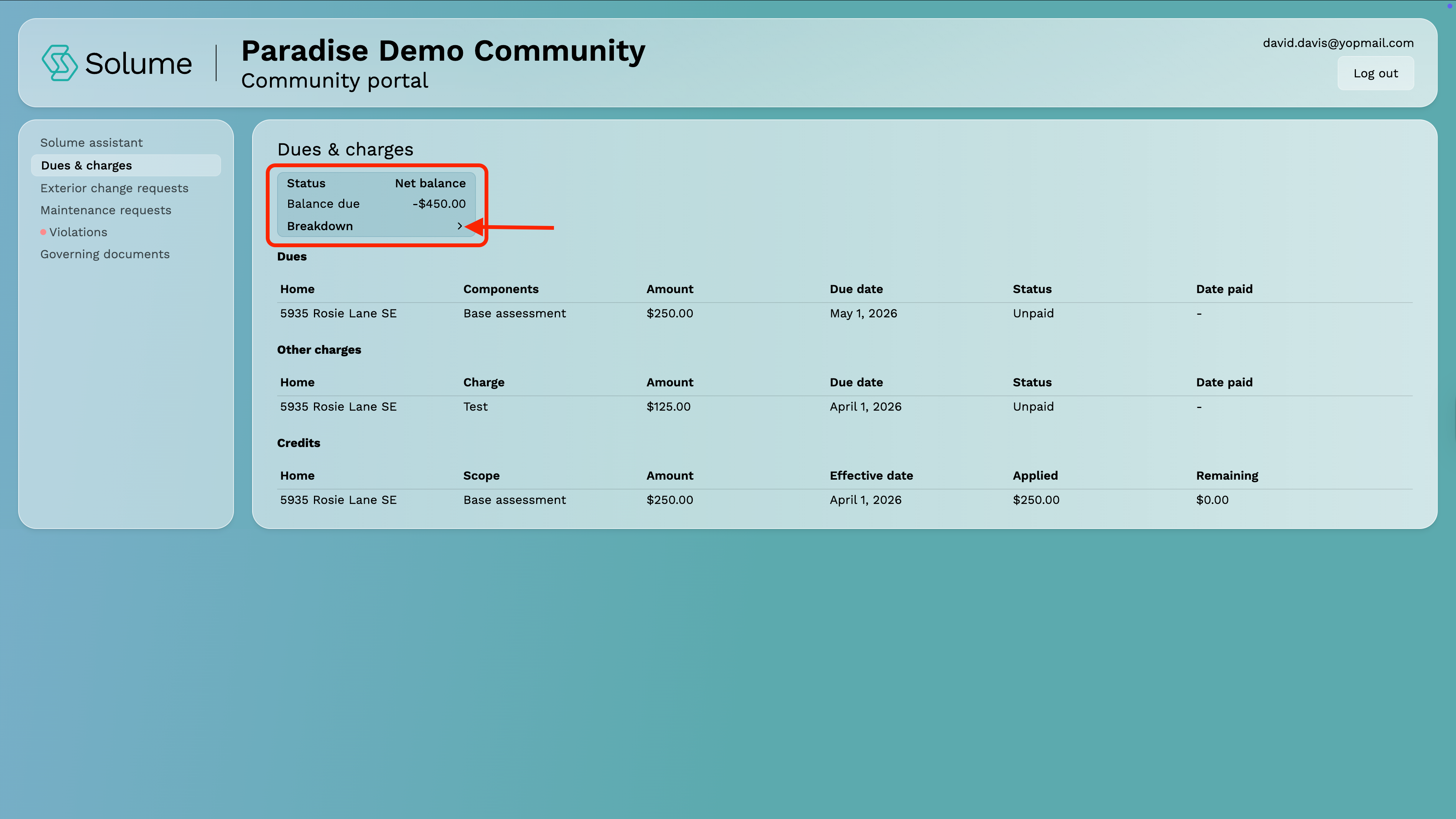 A screenshot of Solume's community member portal and a button to view your balance
