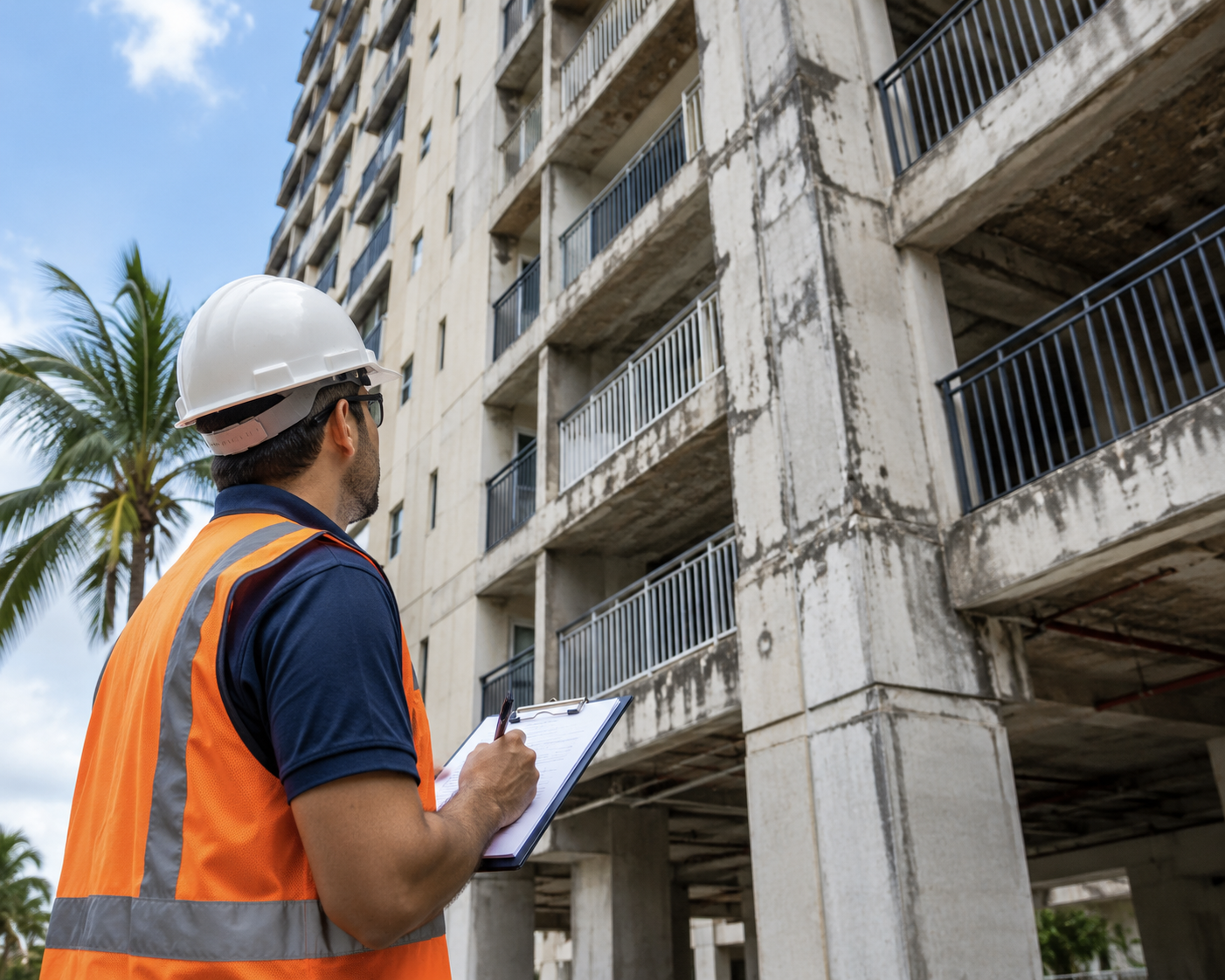 Structural engineer wearing a hard hat and orange safety vest inspecting the weathered concrete facade and support columns of a mid-rise Florida condominium building with a clipboard, viewed from a low angle under bright daylight.