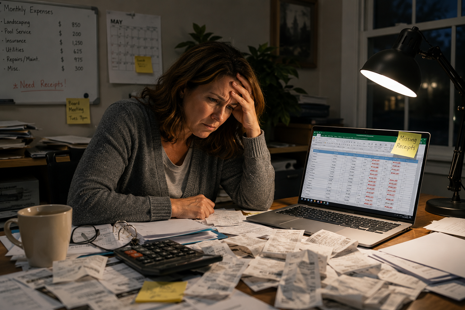 Frustrated HOA volunteer sitting at a cluttered desk covered with paper receipts, financial documents, and a calculator while reviewing an error-filled spreadsheet on a laptop under the warm glow of a desk lamp in a dimly lit home office.