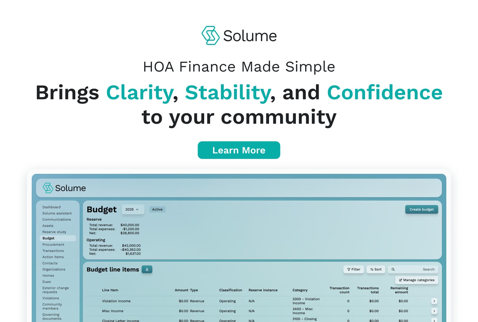 Solume's HOA Budget feature