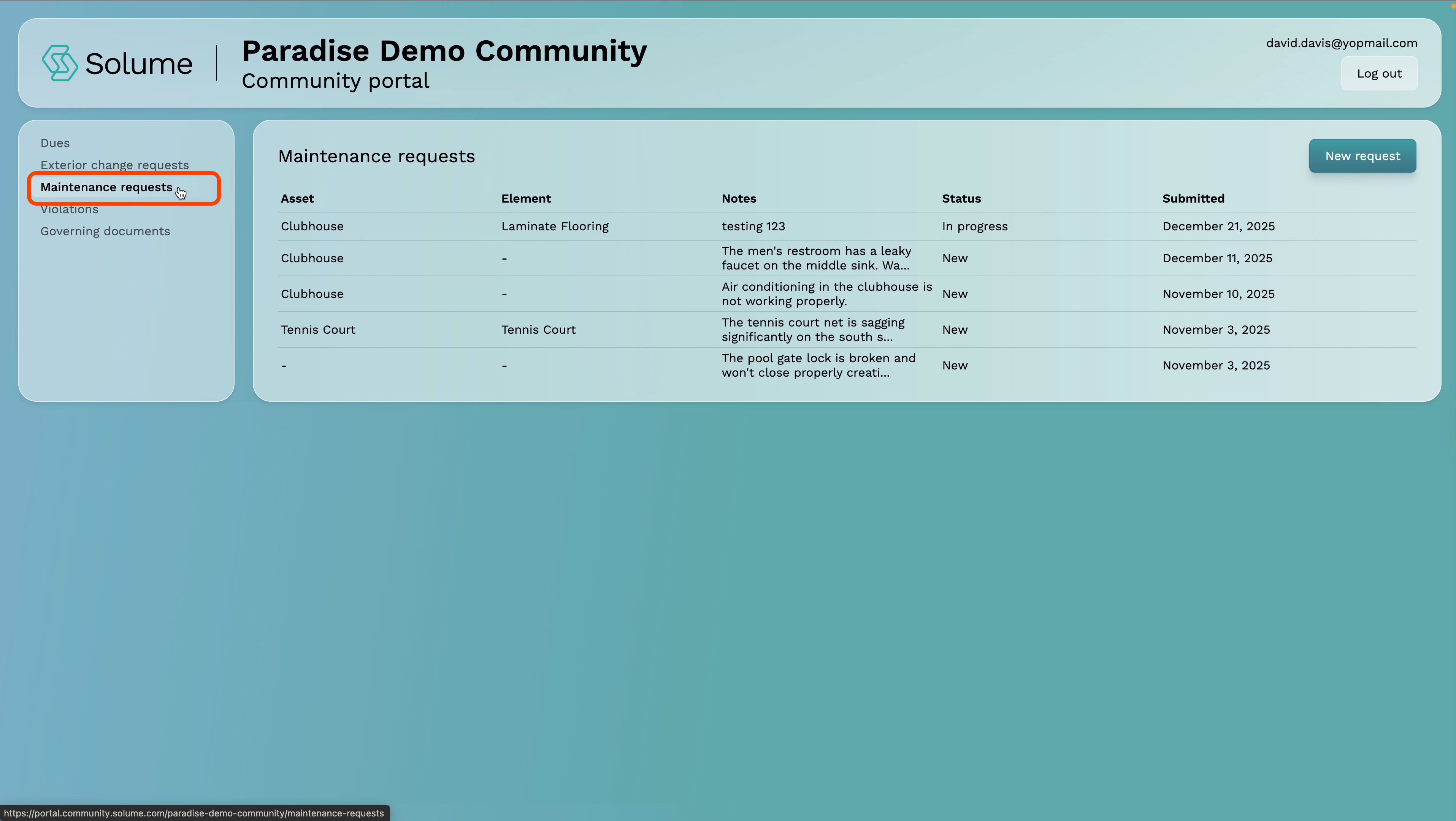 A screenshot with the Maintenance Request button highlighted with Solume's home owner portal. 