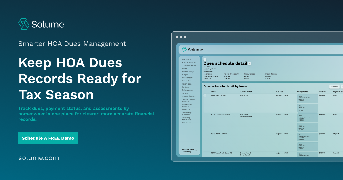 Solume HOA dues management dashboard showing dues schedules, homeowner payment status, and assessment records for organized tax-season reporting.