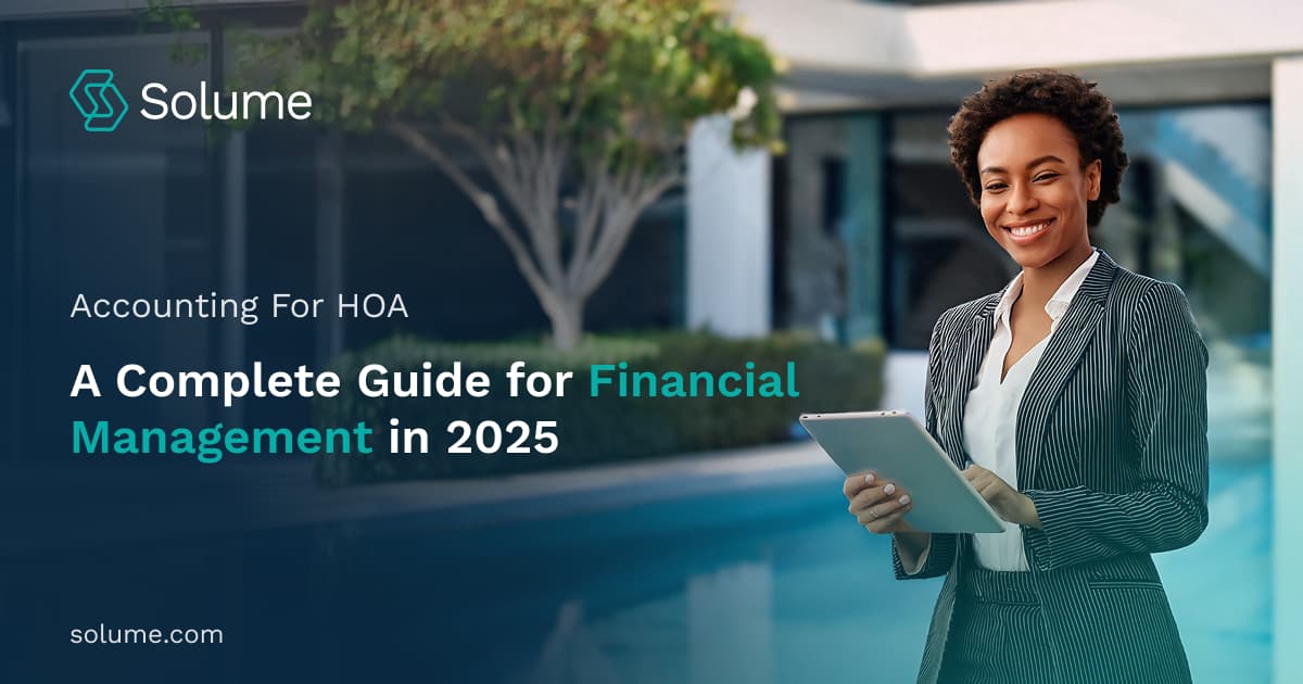 A woman holds a stack of documents, her association's accounting for HOA. The text reads, "Accounting for HOA: A Complete Guide for Financial Management in 2025"